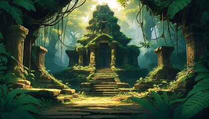 A stone temple stands tall amidst lush greenery, a forgotten relic of a bygone era.