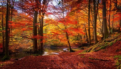 Fototapeta premium A vibrant autumn forest with fallen leaves covering the forest floor and a small creek winding through the scene.