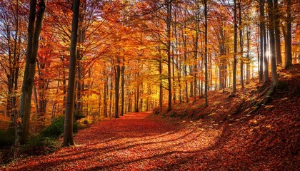 Obraz premium A path winds through a forest in autumn, the trees ablaze with fiery red and orange leaves.
