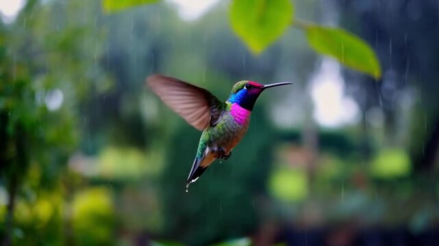 Beautiful hamming bird in the rain