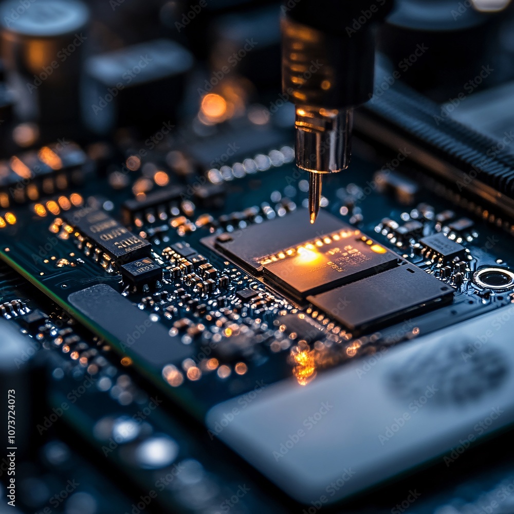 Poster closeup of microchip soldering on circuit board electronics manufacturing high tech