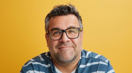 Obraz premium Happy middle-aged man with glasses smiling against a vibrant yellow backdrop in a bright indoor setting