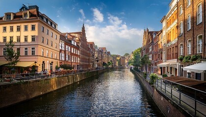 Obraz premium A narrow canal winds its way through a picturesque European city, lined with charming old buildings and bustling with life.