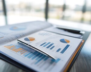 Close-up of business reports with graphs and charts on a wooden desk.