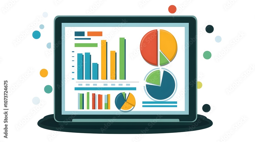 Poster colorful data visualization on a laptop screen showcasing graphs and statistics.