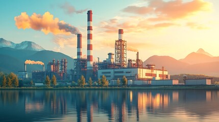 Naklejka premium Industrial Refinery at Sunset with Environmental Conservation Concept