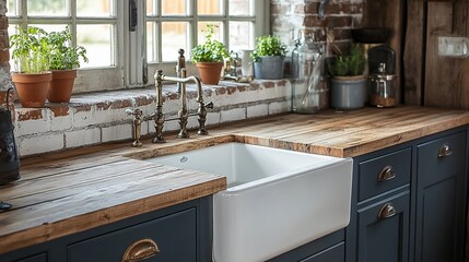 Rustic kitchen sink with farmhouse style countertop and cabinetry.