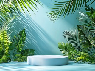 Fototapeta premium Elegant White Podium Amid Lush Tropical Leaves and Minimalist Backdrop