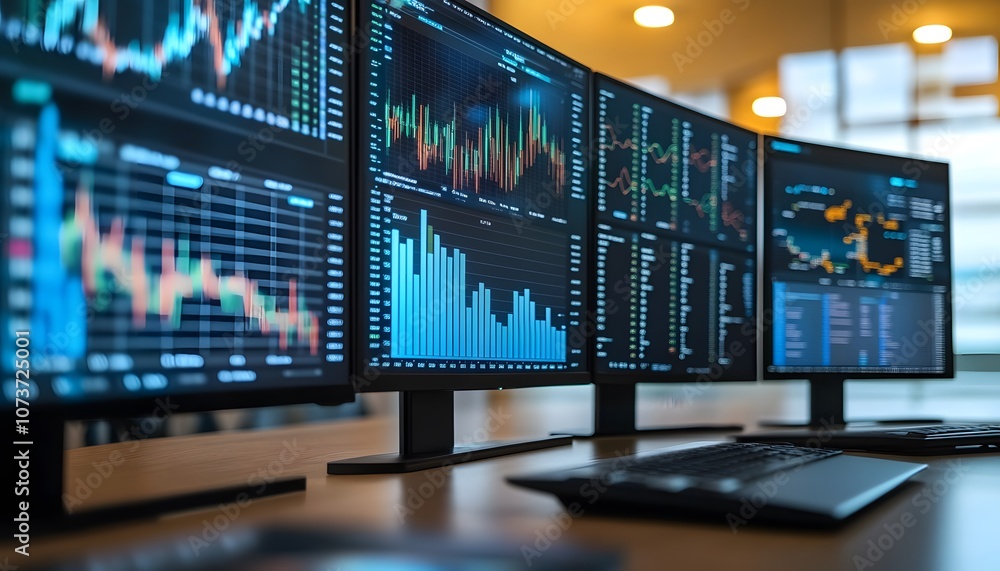 Poster high-tech trading desk with multiple screens displaying financial data and graphs.