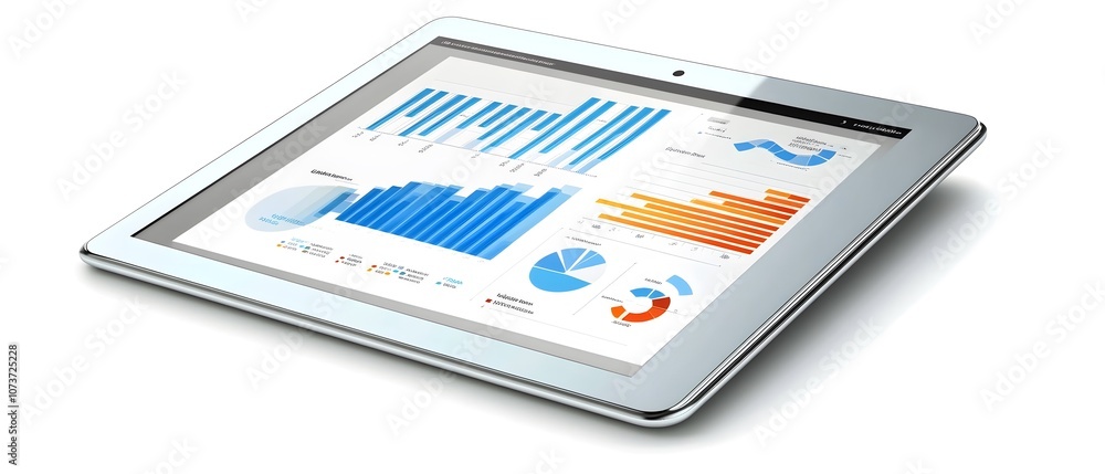 Poster modern tablet displaying colorful business data and analytics charts for analysis.