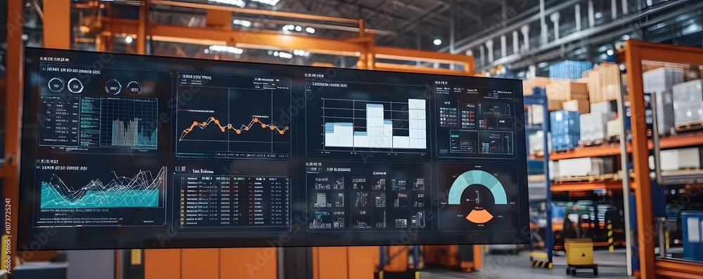 Poster modern warehouse with digital monitoring screen displaying analytics and data trends.