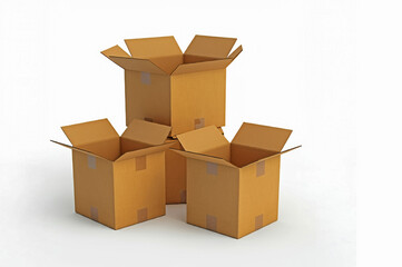 Fototapeta premium Three brown cardboard boxes, open and isolated on a white background.