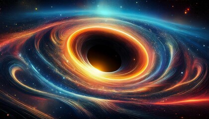 Obraz premium A swirling vortex of light and color surrounds a black hole in deep space.