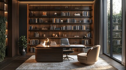 Modern home office with large windows, wood paneling, and a spacious desk.