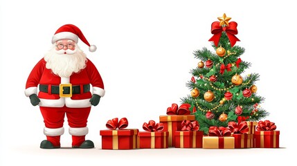 Festive Santa Claus Stands Next to a Beautifully Decorated Christmas Tree Surrounded by Wrapped Gifts