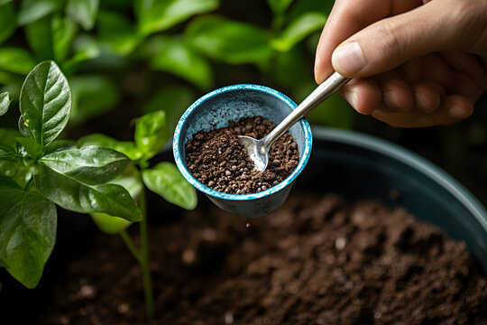 Cropped shot view of gardener holding a tablespoon of organic fertilizer in hand before applying to plants.