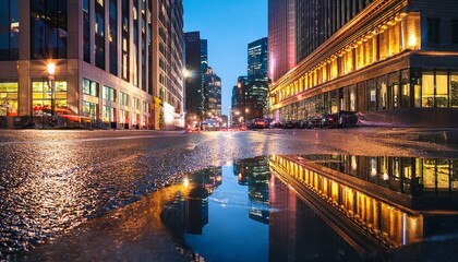 Fototapeta premium Cityscape at night with reflections in a puddle after rain.