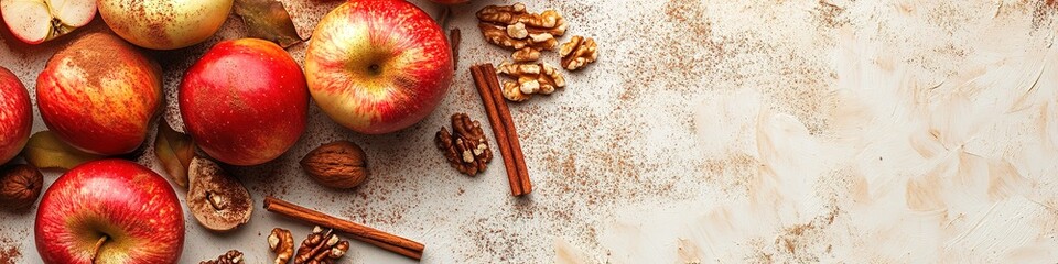 Fresh apples and nuts on textured background with space