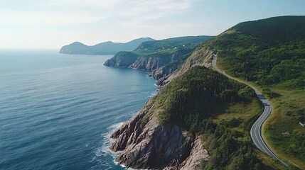 Aerial view of a winding road along a rugged coastline with blue ocean and green trees.