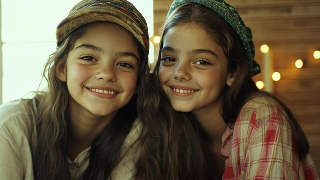 Two smiling girls pose for a photo together inside a cozy home