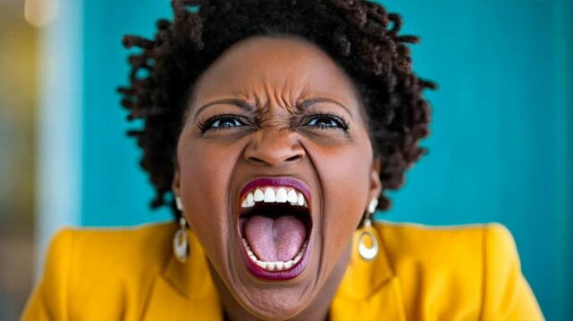 Powerful Female Voice: Close-up portrait of a strong, expressive Black woman with locs, powerfully shouting against a teal backdrop.  Her fierce expression conveys anger, frustration, or passion. 