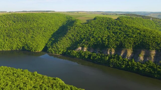 Aerial drone footage of green hills on the Parana River, Teju Cuare Park, Argentina