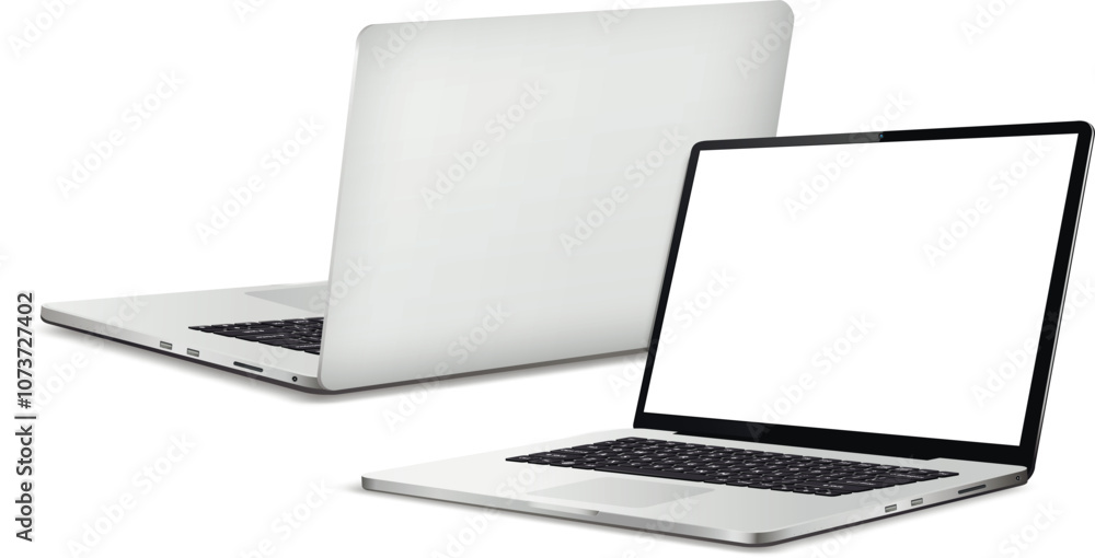Poster laptop computer with white screen front and rear view