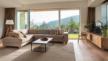 Fototapeta premium Modern home living room interior with couch and sideboard, panoramic window