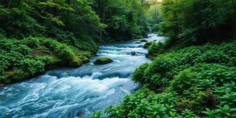 Obraz premium Lush green foliage lines the banks of a fast-flowing river in a spring forest, vibrant, outdoors