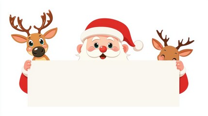 Fototapeta premium Playful Santa Claus with Reindeer Peeking from Christmas Greeting Banner
