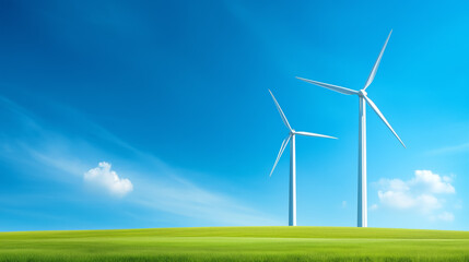 Wind turbines stand tall against a clear blue sky on a sunny day in a green landscape