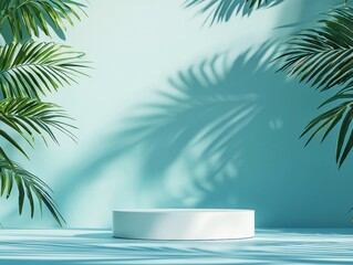 Obraz premium Serene Tropical Backdrop with Minimalist White Podium for Premium Product Display