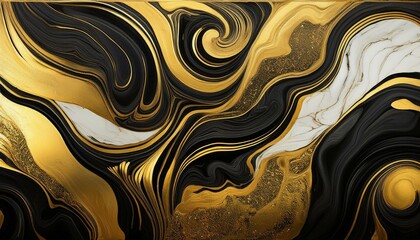 Abstract swirl design featuring black, gold, and white, reminiscent of luxurious marble.