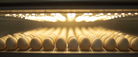 Rows of eggs in an incubator with lights shining from above.