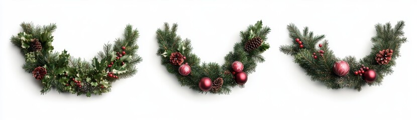 Set of holiday decor with stunning christmas wreaths featuring pine cones and ornaments isolate on white background