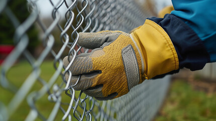 workers hands build sturdy cyclone fence, The fence features galvanized steel posts and chain-link mesh, close up shoot