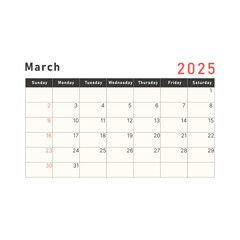 2025 calendar template. March layout with week starting on Sunday. Vector illustration