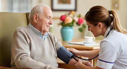 Fototapeta premium Nurse, elderly patient and blood pressure in house, retirement home and check up with medical professional