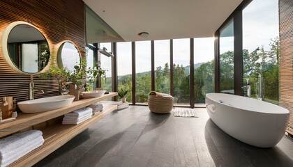 Fototapeta premium Modern luxury bathroom interior with sleek bathtub and large windows. 3D Rendering