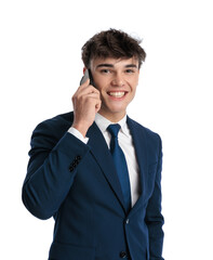 proud businessman having a phone conversation and smiling