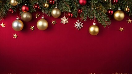 Naklejka premium Christmas background with red and gold decorations, stars, and pine branches on a red backdrop.