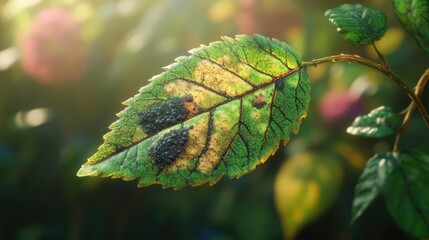 Naklejka premium Rose leaf affected by black spot disease illustrating the impact of fungal infection on plant health