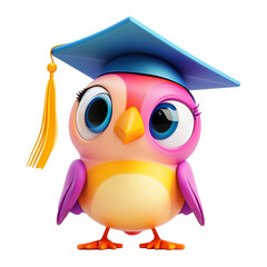 Colorful Cartoon Bird with Graduation Cap on Transparent Background