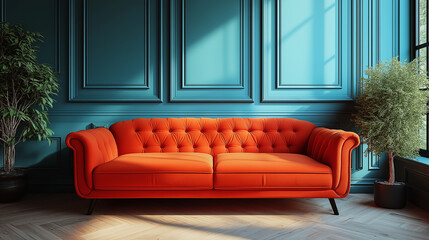 Obraz premium Modern Scandinavian Design red sofa in interior. Blu walls with moldings,floor parquet herringbone.Copy space,mockup interior.Digital illustration