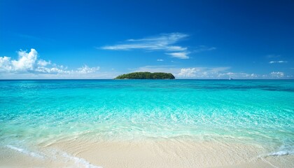 Fototapeta premium A tranquil beach scene with crystal clear turquoise waters, white sand, and a lush green island in the distance.