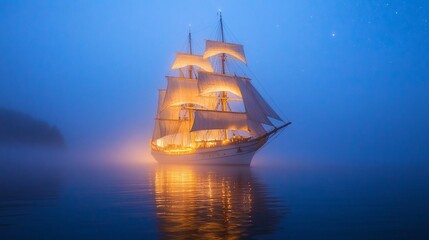 Obraz premium A majestic sailing ship illuminated by warm lights, gliding through a misty sea under a starlit sky.