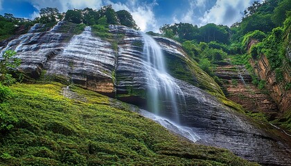 Fototapeta premium Water cascading down a mossy, rocky cliff creating a beautiful waterfall.