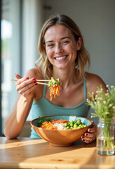 Happy woman enjoys healthy bowl filled with nutritious vegetables delightfully