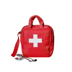Red first aid kit with stethoscope isolated on a white background. PNG transparent.