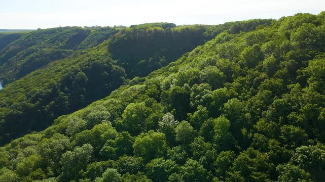 Aerial drone footage of green hills on the Parana River, Teju Cuare Park, Argentina